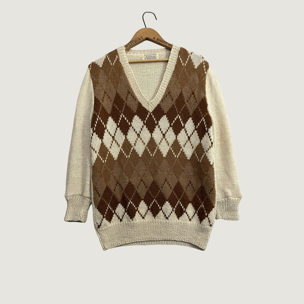 Andean Imports Vintage Hand Made Peru 100% Alpaca Wool Argyle V-Neck Sweater L